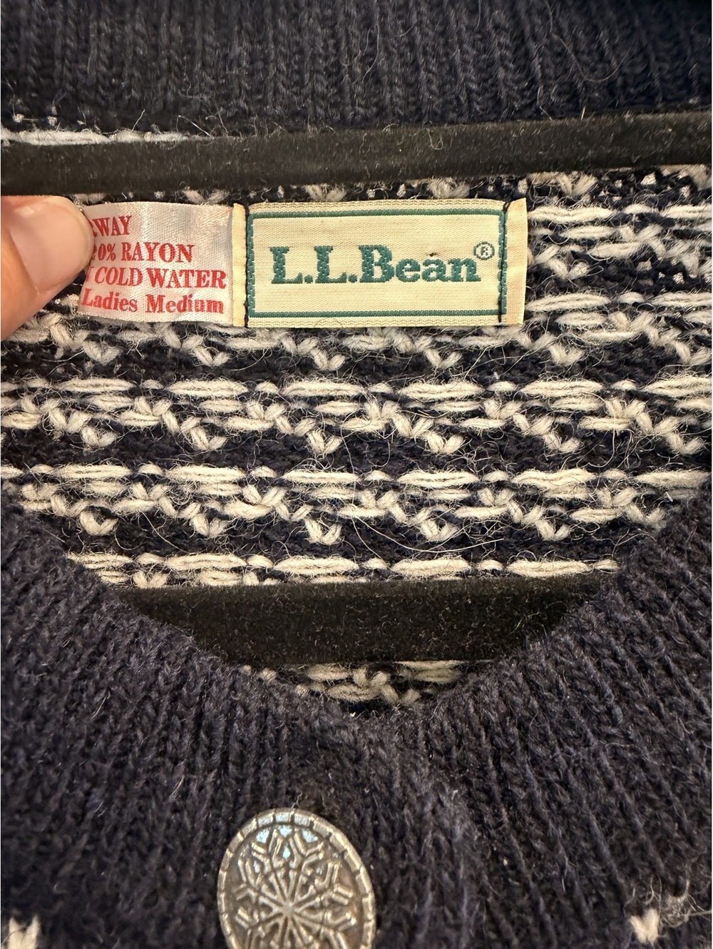 Vintage L.L.Bean Ladies Medium Navy and White Button-Up Cardigan Sweater - Picture 4 of 5